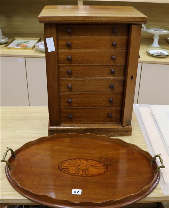 A shell inlay tray and collectors chest tallest 51cm approx.